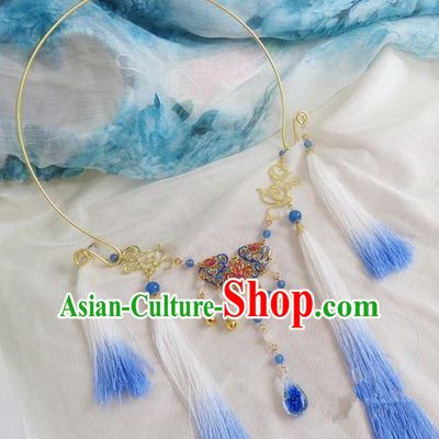 Chinese Ancient Bride Hanfu Accessories Traditional Palace Blue Tassel Necklace for Women