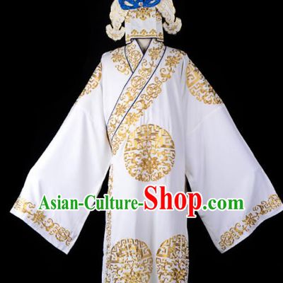 Professional Chinese Beijing Opera Costume Traditional Peking Opera Scholar White Robe and Hat for Adults