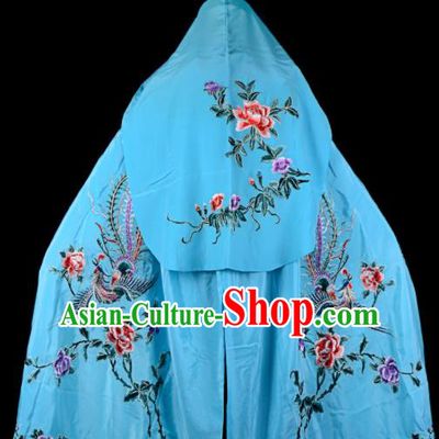 Professional Chinese Traditional Beijing Opera Swordswomen Costume Embroidered Blue Cloak for Adults