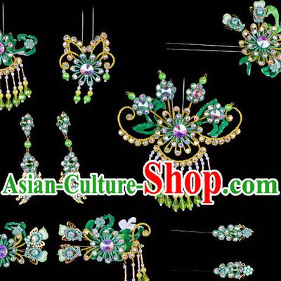 Chinese Beijing Opera Hair Accessories Ancient Princess Green Hairpins Headwear for Women