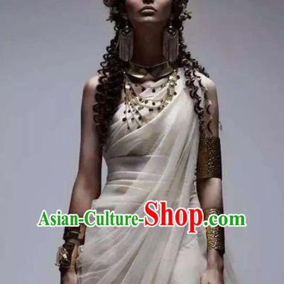 Traditional Greek Queen Stage Performance Costume Ancient Greek Goddess Peplos White Dress for Women