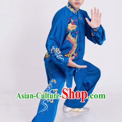 Top Kung Fu Competition Costume Group Martial Arts Gongfu Training Embroidered Dragon Blue Uniform for Men