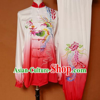 Top Group Kung Fu Costume Tai Ji Training Embroidered Phoenix Red Uniform Clothing for Women