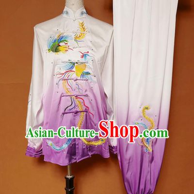 Top Group Kung Fu Costume Tai Ji Training Embroidered Phoenix Purple Uniform Clothing for Women