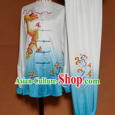 Top Grade Kung Fu Costume Martial Arts Training Tai Ji Embroidered Dragon Blue Uniform for Adults