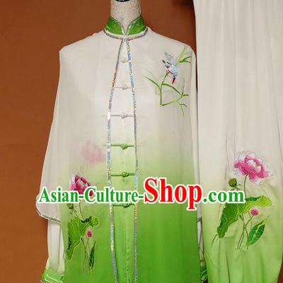 Top Grade Kung Fu Costume Martial Arts Training Tai Ji Embroidered Lotus Green Uniform for Adults