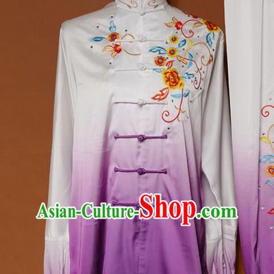 Top Group Kung Fu Costume Tai Ji Training Embroidered Flowers Purple Uniform Clothing for Women