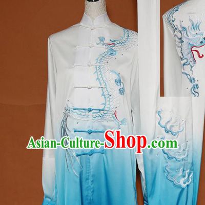 Top Grade Kung Fu Costume Martial Arts Training Tai Ji Embroidered Dragon Blue Uniform for Adults