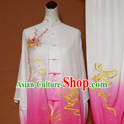 Top Grade Kung Fu Costume Martial Arts Training Tai Ji Embroidered Dragon Pink Uniform for Adults