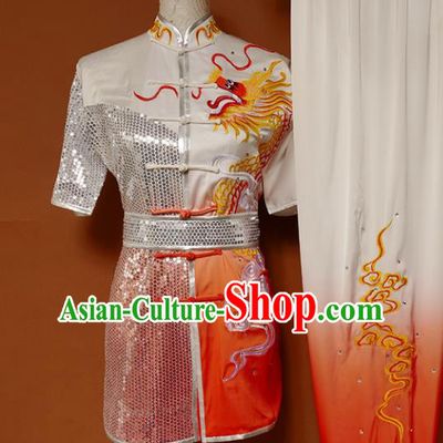 Top Kung Fu Group Competition Costume Martial Arts Wushu Embroidered Dragon Orange Uniform for Men