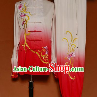 Top Group Kung Fu Costume Martial Arts Gongfu Training Uniform Tai Ji Embroidered Peony Red Clothing for Women