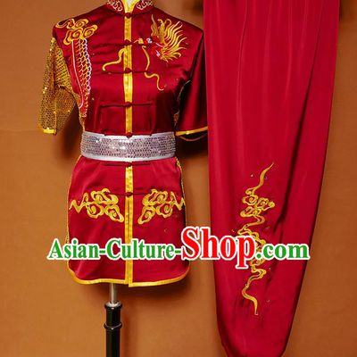 Top Kung Fu Competition Costume Group Martial Arts Training Embroidered Dragon Red Uniform for Men