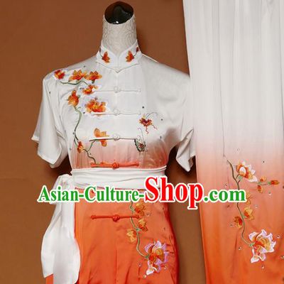 Top Group Kung Fu Costume Tai Ji Training Embroidered Magnolia Orange Uniform Clothing for Women