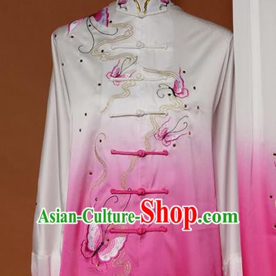 Top Group Kung Fu Costume Tai Ji Training Embroidered Butterfly Pink Uniform Clothing for Women