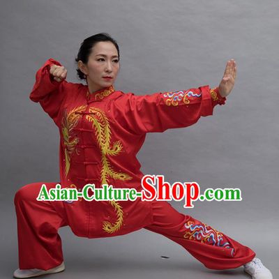 Top Tai Ji Training Embroidered Phoenix Red Uniform Kung Fu Group Competition Costume for Women