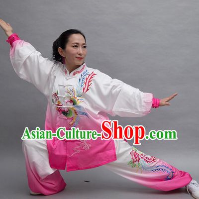 Top Tai Ji Training Embroidered Phoenix Pink Uniform Kung Fu Group Competition Costume for Women