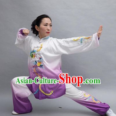 Top Tai Ji Training Embroidered Phoenix Purple Uniform Kung Fu Group Competition Costume for Women