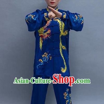 Top Tai Ji Training Embroidered Phoenix Deep Blue Uniform Kung Fu Group Competition Costume for Women