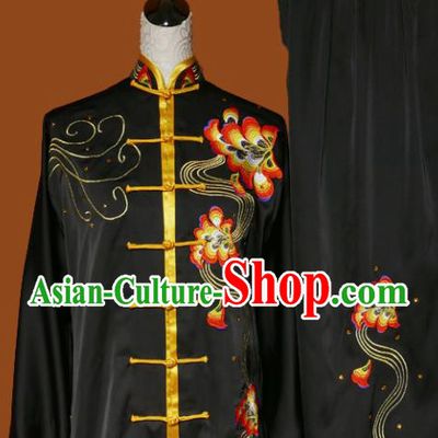 Top Grade Kung Fu Embroidered Black Costume Martial Arts Training Tai Ji Uniform for Adults