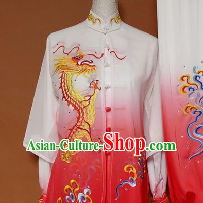 Top Grade Kung Fu Costume Martial Arts Training Tai Ji Embroidered Dragon Rosy Uniform for Adults