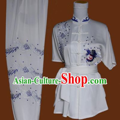 Top Grade Kung Fu Embroidered Dragon White Costume Chinese Tai Chi Martial Arts Training Uniform for Adults