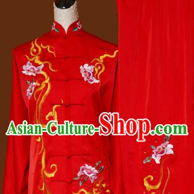 Top Tai Ji Training Embroidered Peony Red Uniform Kung Fu Group Competition Costume for Women