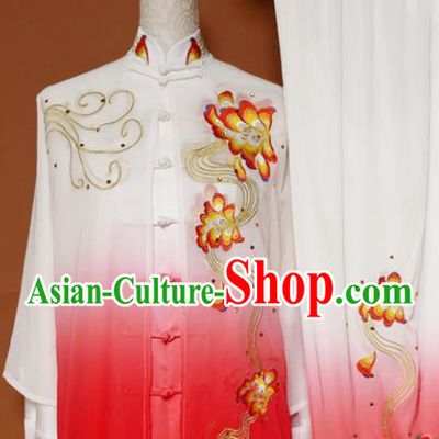 Top Tai Ji Training Embroidered Peony Rosy Uniform Kung Fu Group Competition Costume for Women