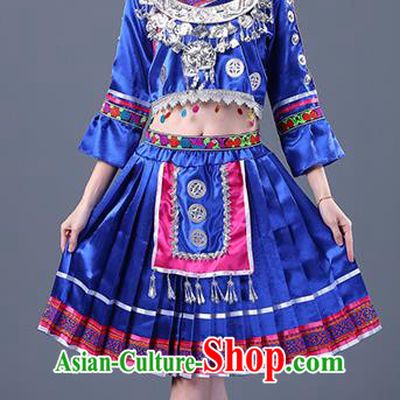 Chinese Traditional Ethnic Costume Miao Nationality Royalblue Pleated Skirt for Women