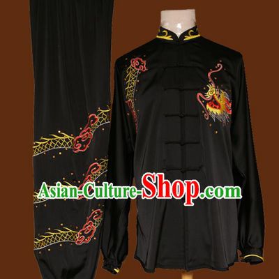 Top Grade Kung Fu Embroidered Dragon Black Costume Chinese Tai Chi Martial Arts Training Uniform for Adults