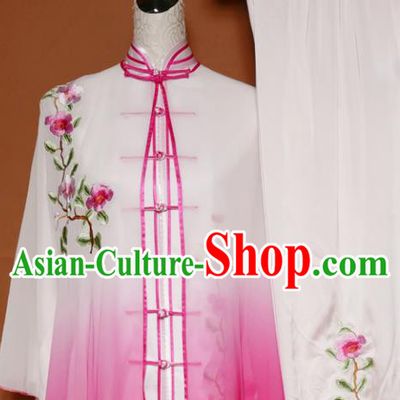 Top Tai Ji Training Embroidered Rosy Silk Uniform Kung Fu Group Competition Costume for Women