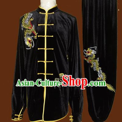 Top Grade Kung Fu Embroidered Dragon Black Velvet Costume Chinese Tai Chi Martial Arts Training Uniform for Adults
