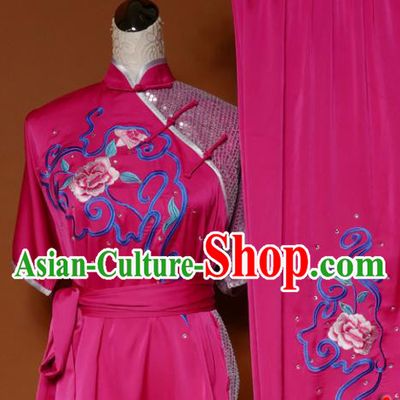 Top Martial Arts Training Embroidered Rosy Uniform Kung Fu Group Competition Costume for Women