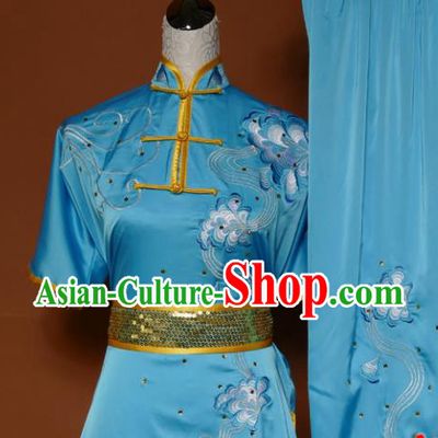 Top Martial Arts Training Embroidered Blue Uniform Kung Fu Group Competition Costume for Women