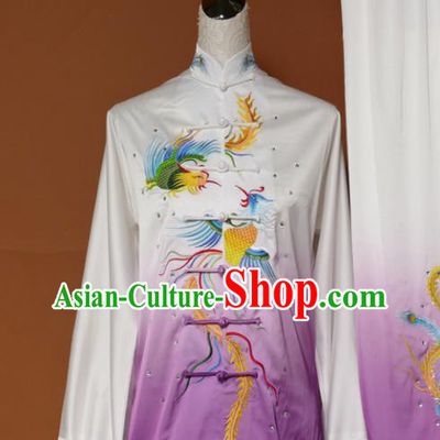 Chinese Traditional Tai Chi Training Embroidered Phoenix Purple Silk Uniform Kung Fu Group Competition Costume for Women