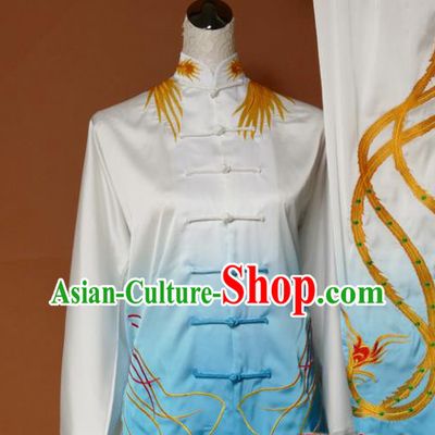 Chinese Traditional Tai Chi Training Embroidered Phoenix Blue Silk Uniform Kung Fu Group Competition Costume for Women