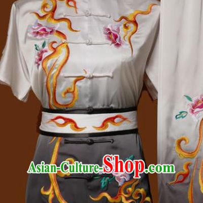 Chinese Traditional Tai Chi Training Embroidered Peony Grey Uniform Kung Fu Group Competition Costume for Women