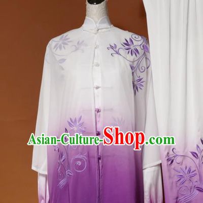 Chinese Traditional Tai Chi Training Embroidered Purple Silk Uniform Kung Fu Group Competition Costume for Women