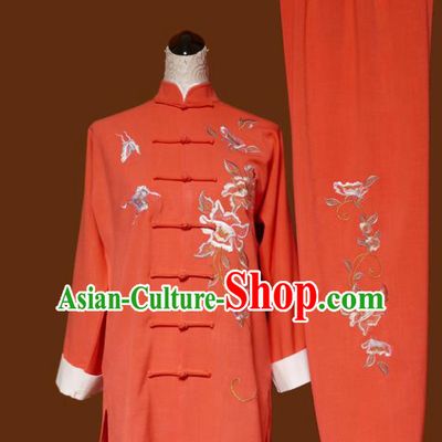 Top Grade Kung Fu Embroidered Peony Orange Costume Chinese Martial Arts Training Tai Ji Uniform for Adults