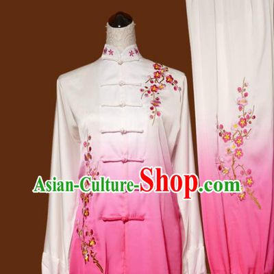Chinese Traditional Tai Chi Embroidered Plum Blossom Pink Uniform Kung Fu Group Competition Costume for Women