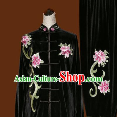 Chinese Traditional Tai Chi Embroidered Peony Black Velvet Uniform Kung Fu Group Competition Costume for Women