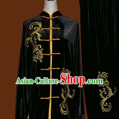 Top Kung Fu Group Competition Costume Martial Arts Wushu Black Velvet Uniform for Men