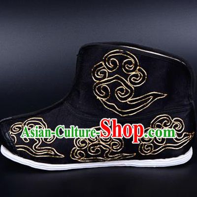 Professional Chinese Beijing Opera Takefu Shoes Ancient Traditional Black Embroidered Boots for Men