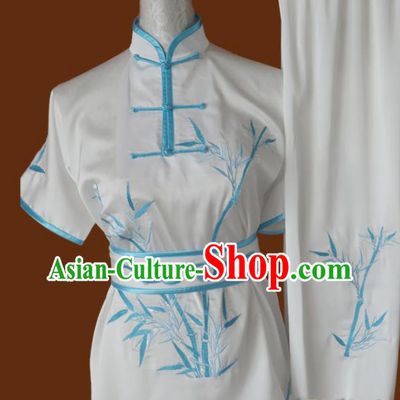 Chinese Traditional Martial Arts Embroidered Bamboo White Uniform Kung Fu Group Competition Costume for Women