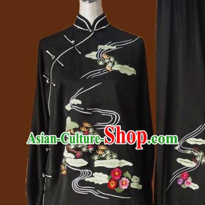 Chinese Traditional Tai Chi Black Uniform Kung Fu Group Competition Embroidered Pine Costume for Women