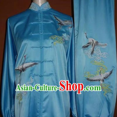 Top Grade Kung Fu Embroidered Cranes Blue Costume Chinese Tai Chi Martial Arts Training Uniform for Adults