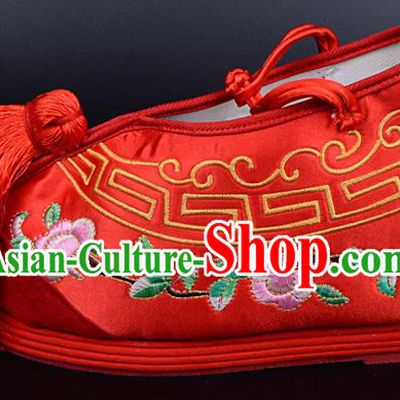 Professional Chinese Beijing Opera Bride Shoes Ancient Traditional Red Embroidered Shoes for Women