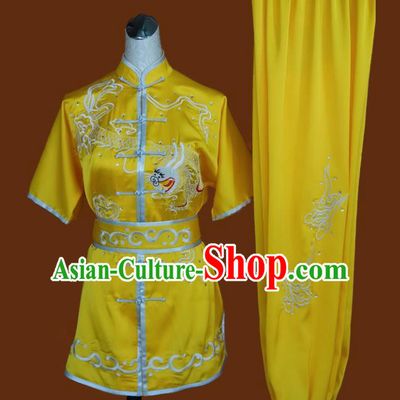 Top Grade Kung Fu Embroidered Dragon Yellow Costume Chinese Tai Chi Martial Arts Training Uniform for Adults