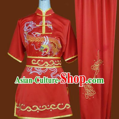 Top Grade Kung Fu Embroidered Dragon Red Costume Chinese Tai Chi Martial Arts Training Uniform for Adults