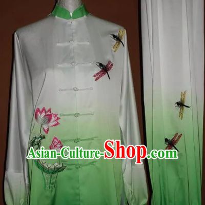 Top Grade Kung Fu Embroidered Lotus Green Costume Chinese Tai Chi Martial Arts Training Uniform for Adults