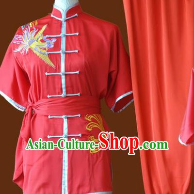 Chinese Traditional Tai Chi Embroidered Phoenix Red Uniform Kung Fu Group Competition Costume for Women